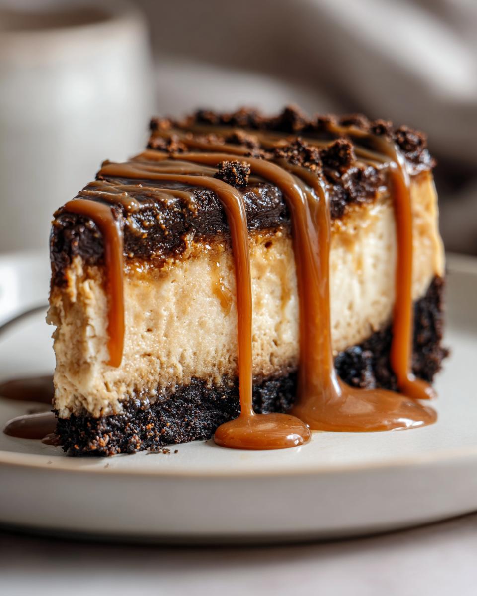 Close-up of a slice of biscoff cheesecake drizzled heavily with caramel sauce.