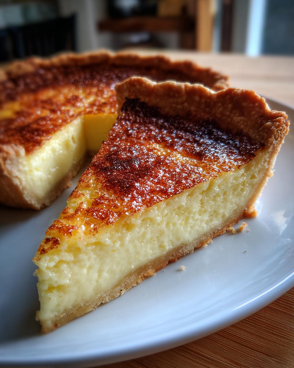 A close-up of a slice of creamy buttermilk pie with a golden, slightly caramelized top, next to the remaining pie.
