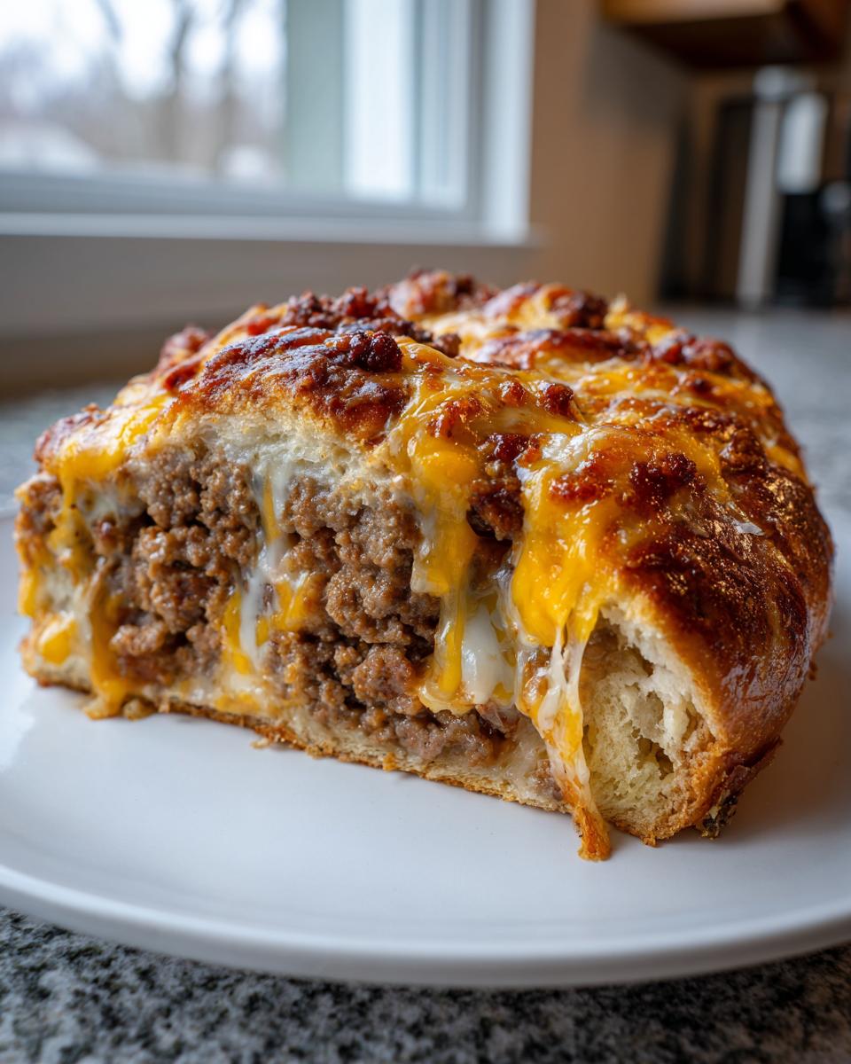 A cross-section slice of cheesy garbage bread showing a thick layer of seasoned ground meat filling inside a baked dough crust.
