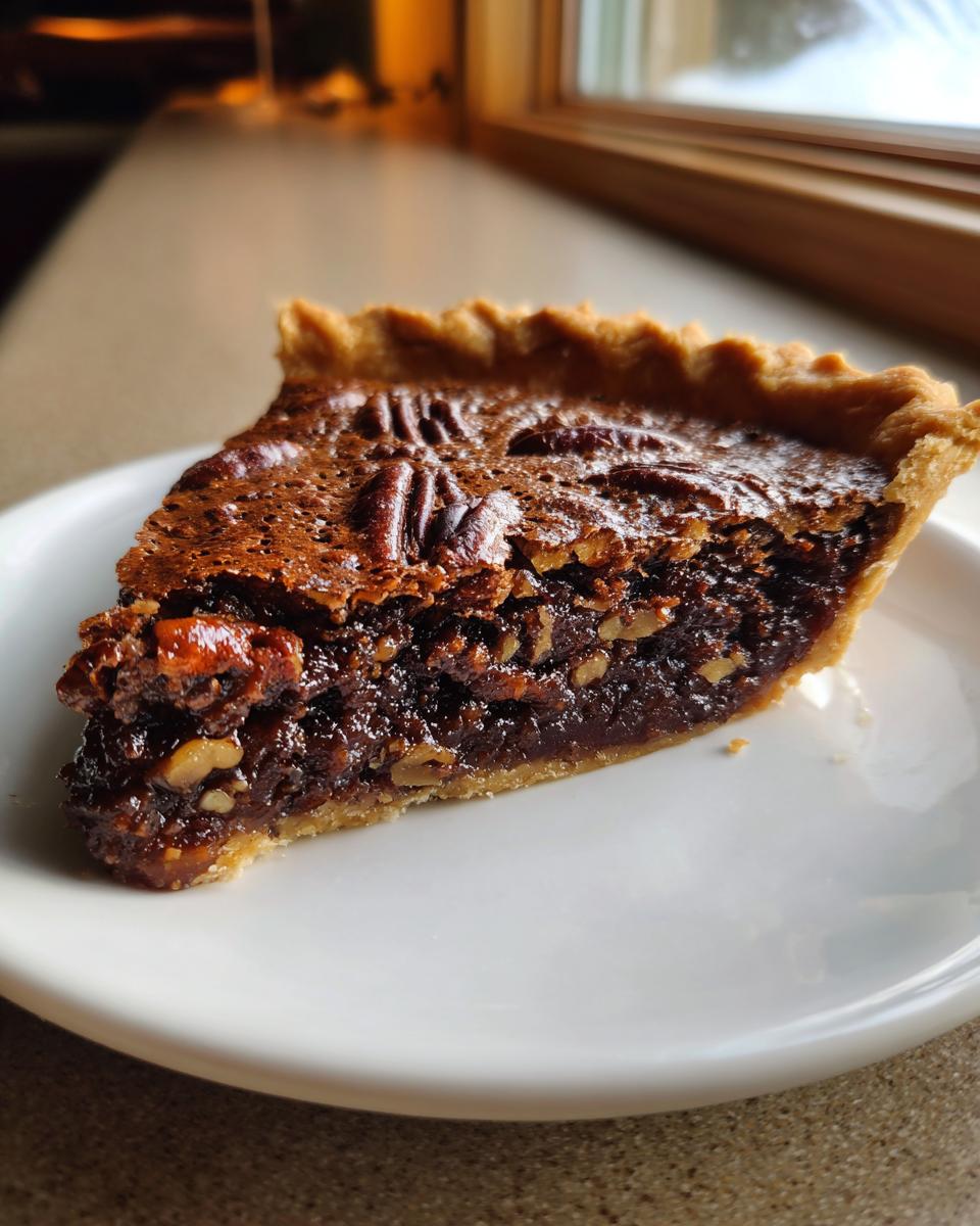 Close-up of a decadent slice of chocolate pecan pie showing the gooey filling and whole pecans on top.