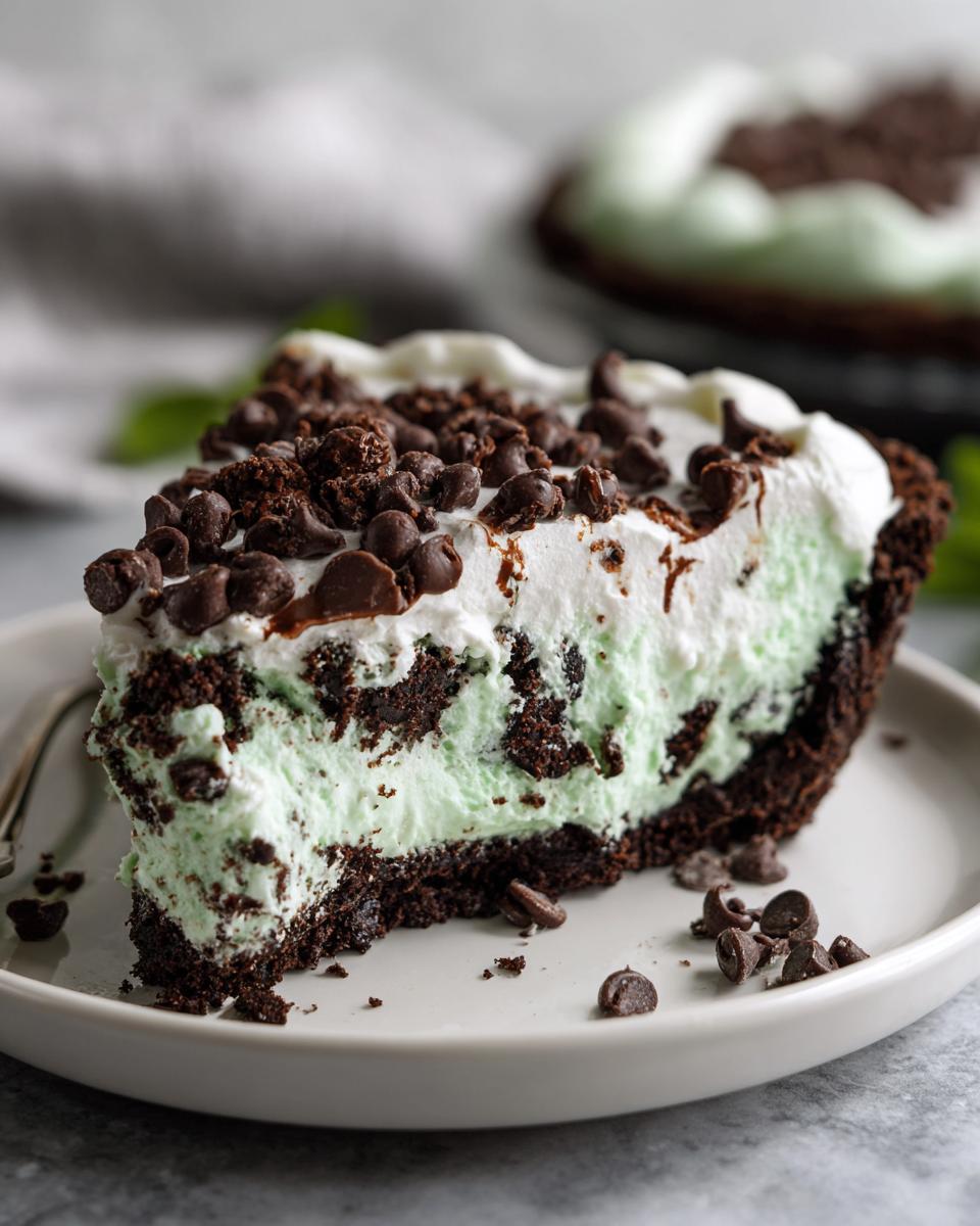 A decadent slice of grasshopper pie featuring a dark chocolate crust, mint filling, and whipped topping with chocolate chips.