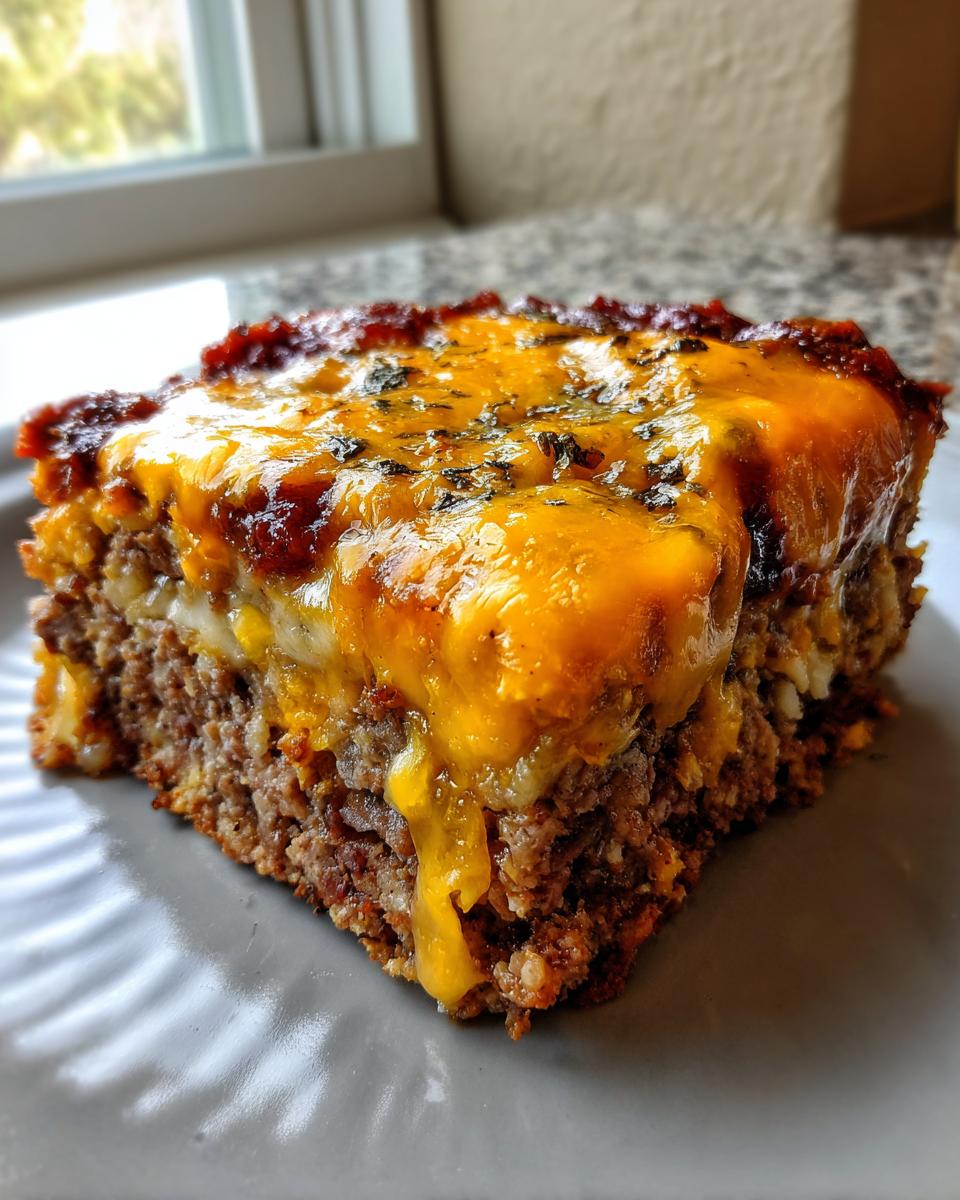 A close-up shot of a square slice of meatloaf casserole topped with melted cheddar cheese and herbs.