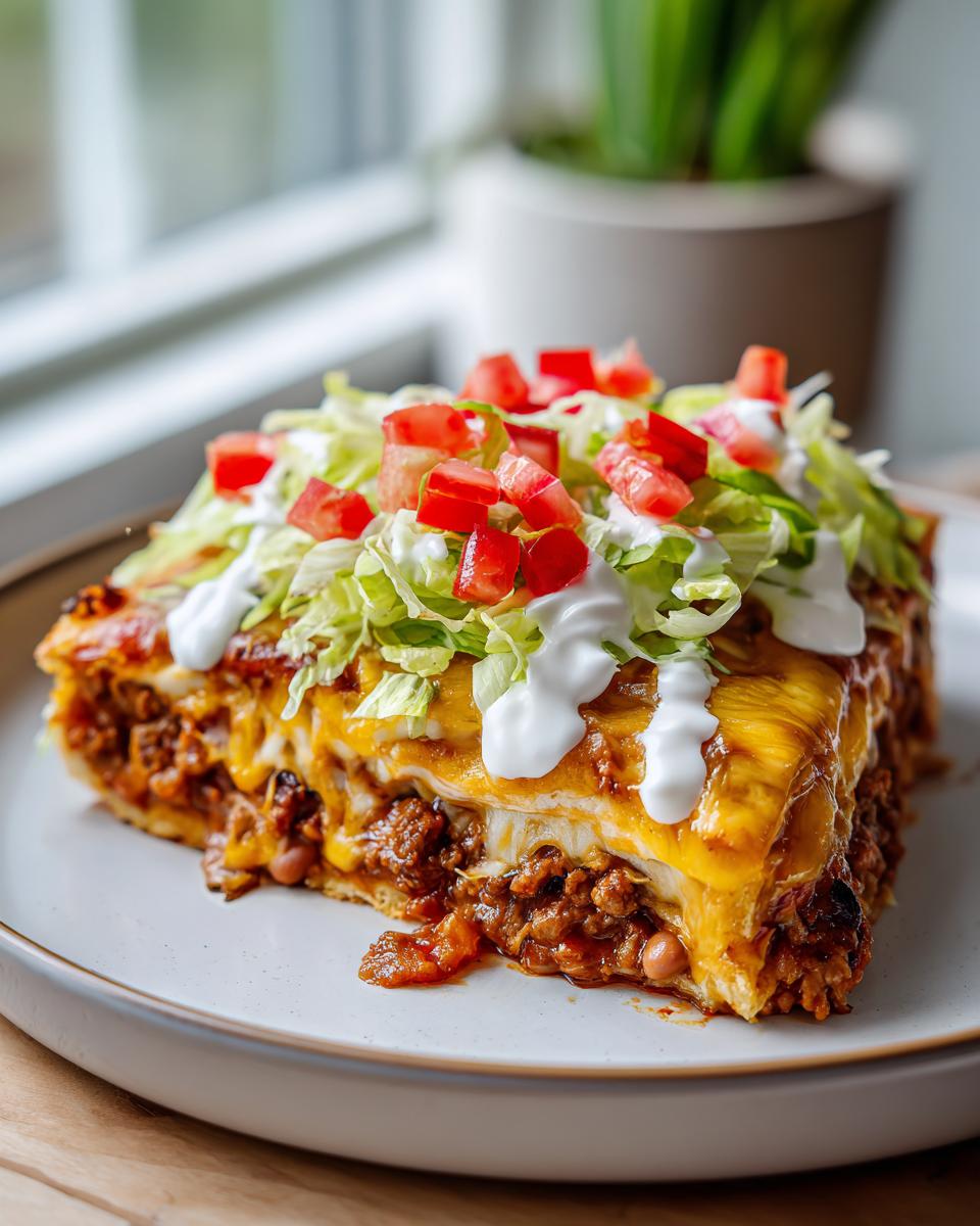 Close-up of a thick slice of taco pizza loaded with meat, cheese, lettuce, tomatoes, and sour cream.