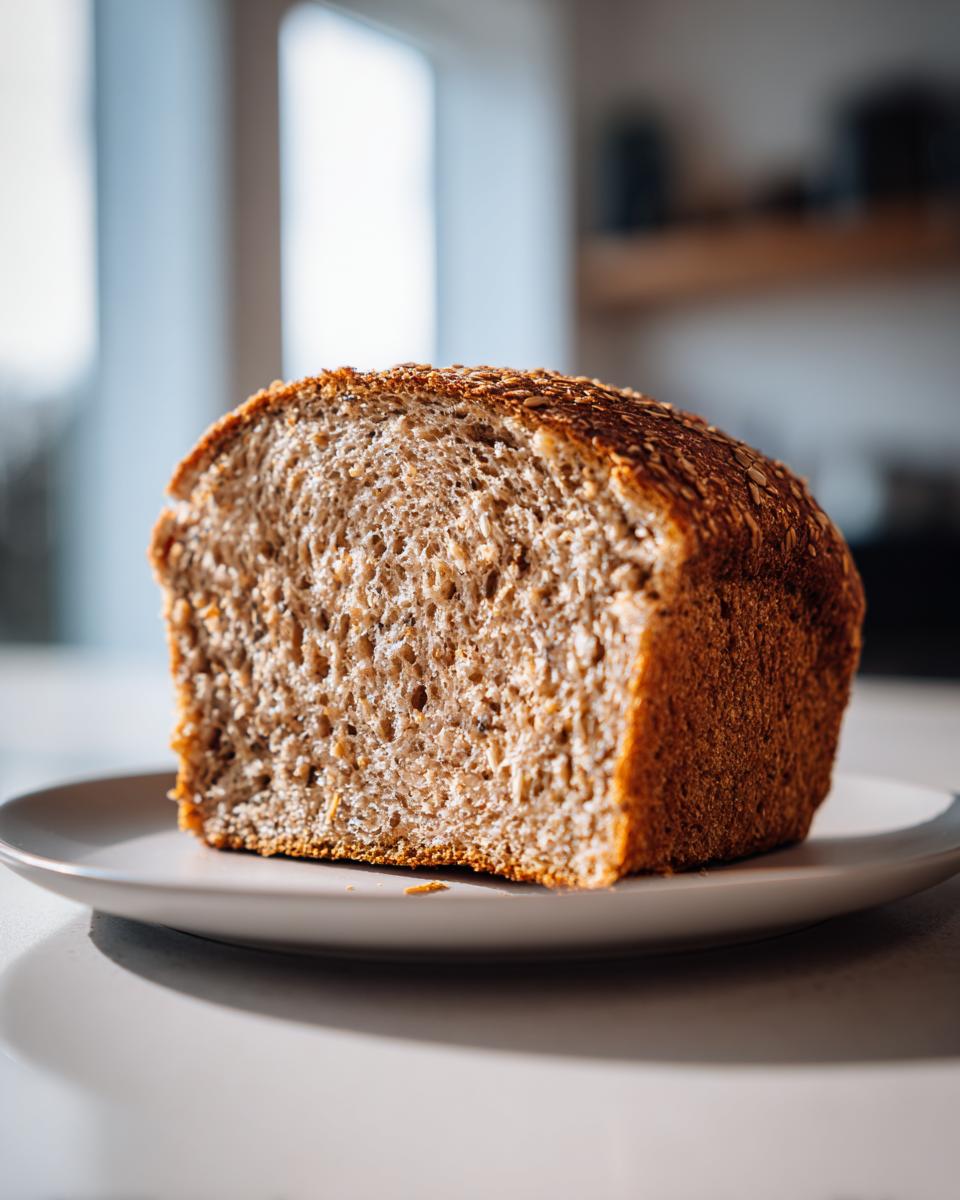 A close-up of a thick slice of freshly baked whole wheat bread showing its dense, textured crumb, resting on a small plate.