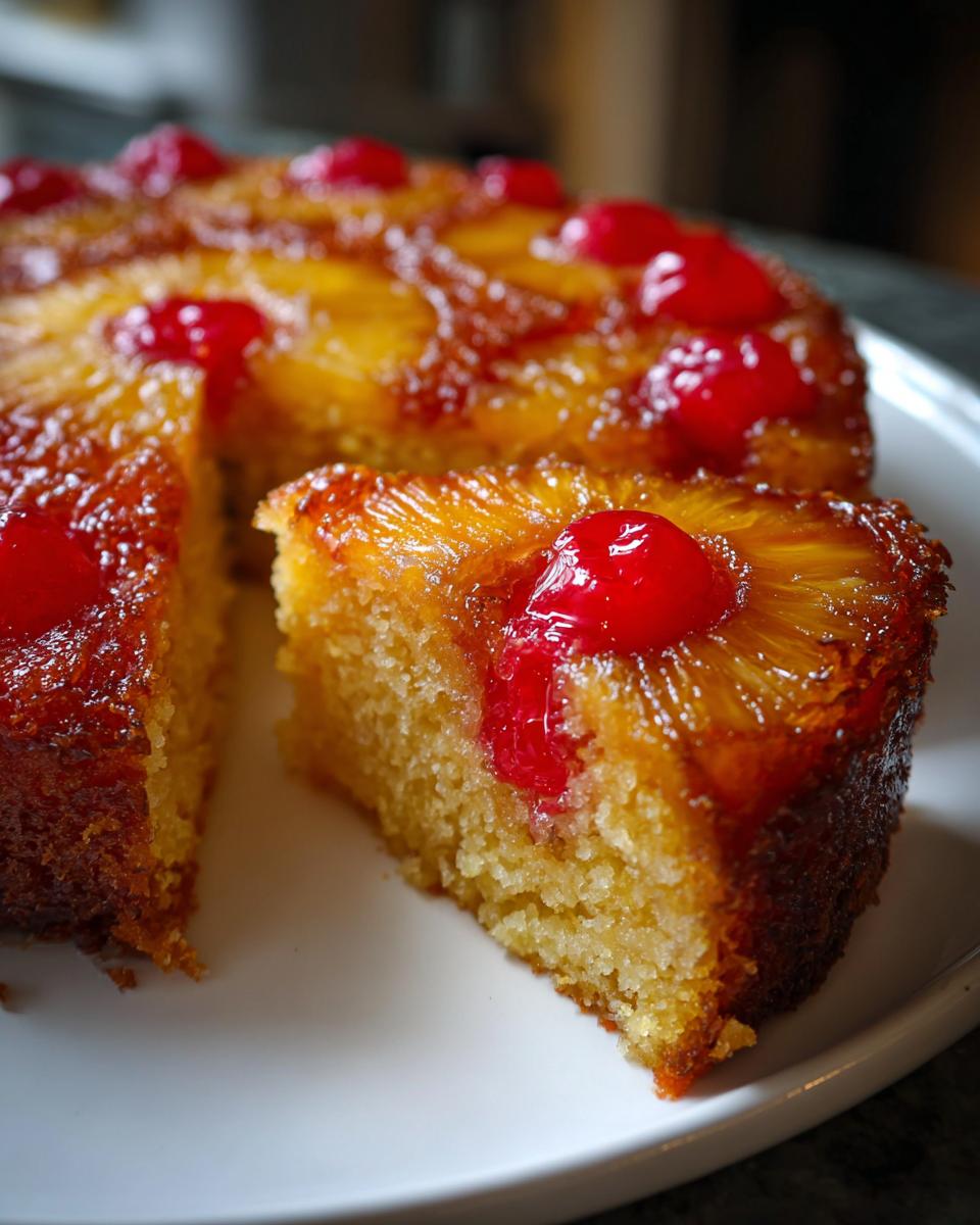 A close-up of a slice of moist pineapple upside down cake topped with caramelized pineapple and a maraschino cherry.