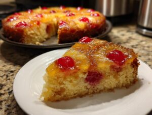 A moist slice of pineapple upside down cake topped with caramelized pineapple and a maraschino cherry.