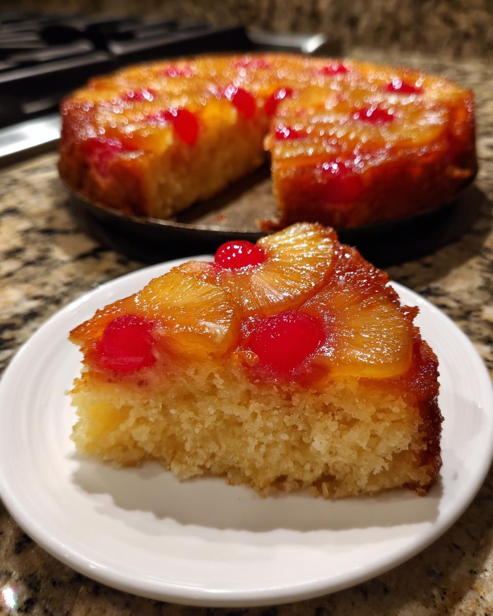 A slice of moist pineapple upside down cake topped with caramelized pineapple rings and maraschino cherries on a white plate.