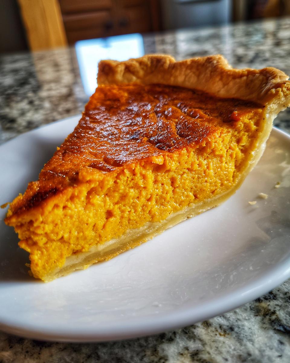 Close-up of a thick slice of bright orange sweet potato pie with a golden crust on a white plate.