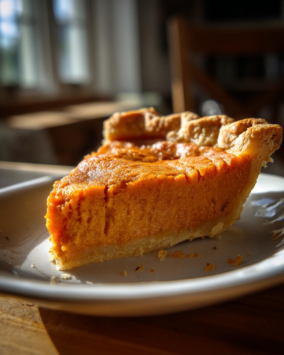 A close-up, warmly lit slice of homemade sweet potato pie showing the bright orange filling and flaky crust.