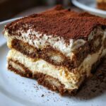 Close-up of a layered slice of tiramisu cheesecake topped generously with cocoa powder.