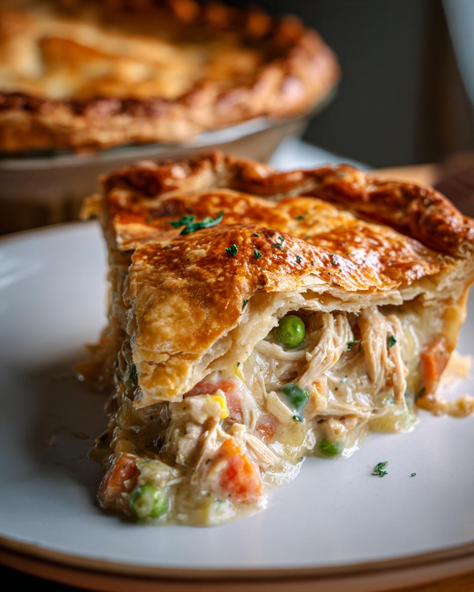 A close-up slice of creamy turkey pot pie showing shredded turkey, peas, and carrots under a golden, flaky crust.