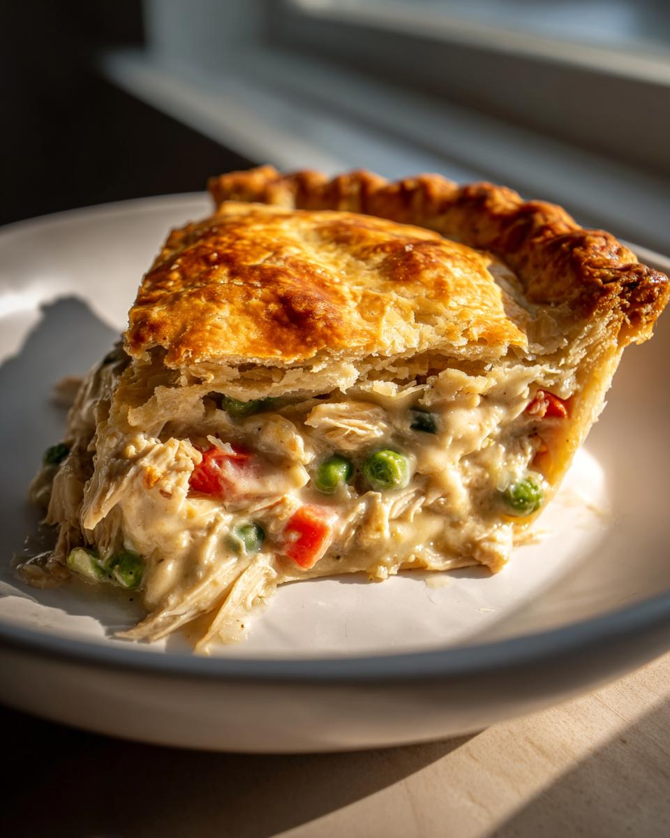 A generous slice of turkey pot pie showing flaky golden crust and creamy filling with shredded turkey, peas, and carrots.