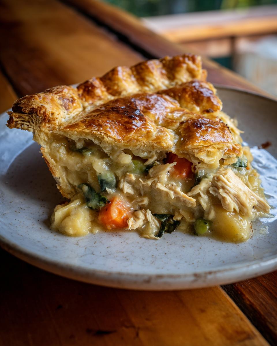 A close-up of a slice of turkey pot pie showing shredded turkey, carrots, and vegetables in a creamy sauce under a golden, flaky crust.