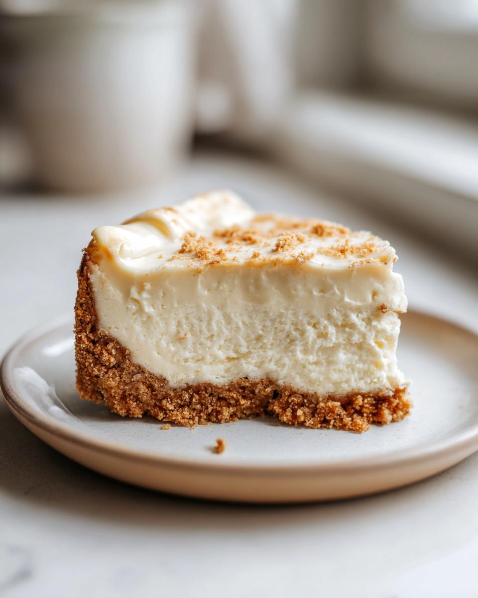 A perfect slice of creamy white chocolate cheesecake with a thick graham cracker crust, sitting on a small plate.