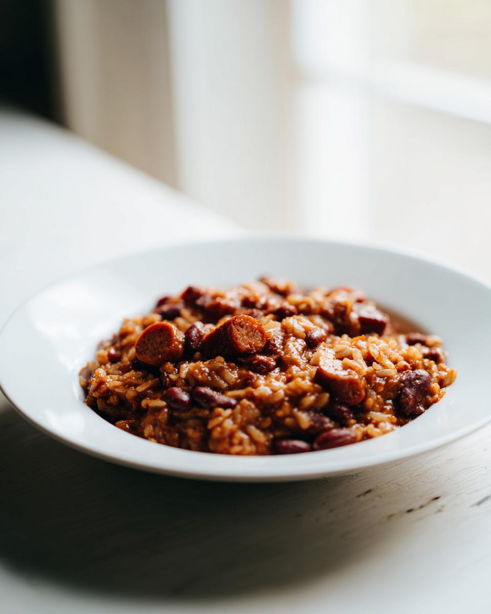 A close-up of a white bowl filled with savory slow cooker red beans and rice topped with sliced sausage.