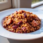 Close-up of a white bowl filled with rich, savory slow cooker red beans and rice mixed with chunks of sausage.