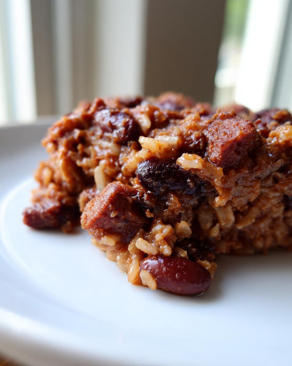 Close-up of a serving of rich, saucy slow cooker red beans and rice mixed with chunks of sausage on a white plate.