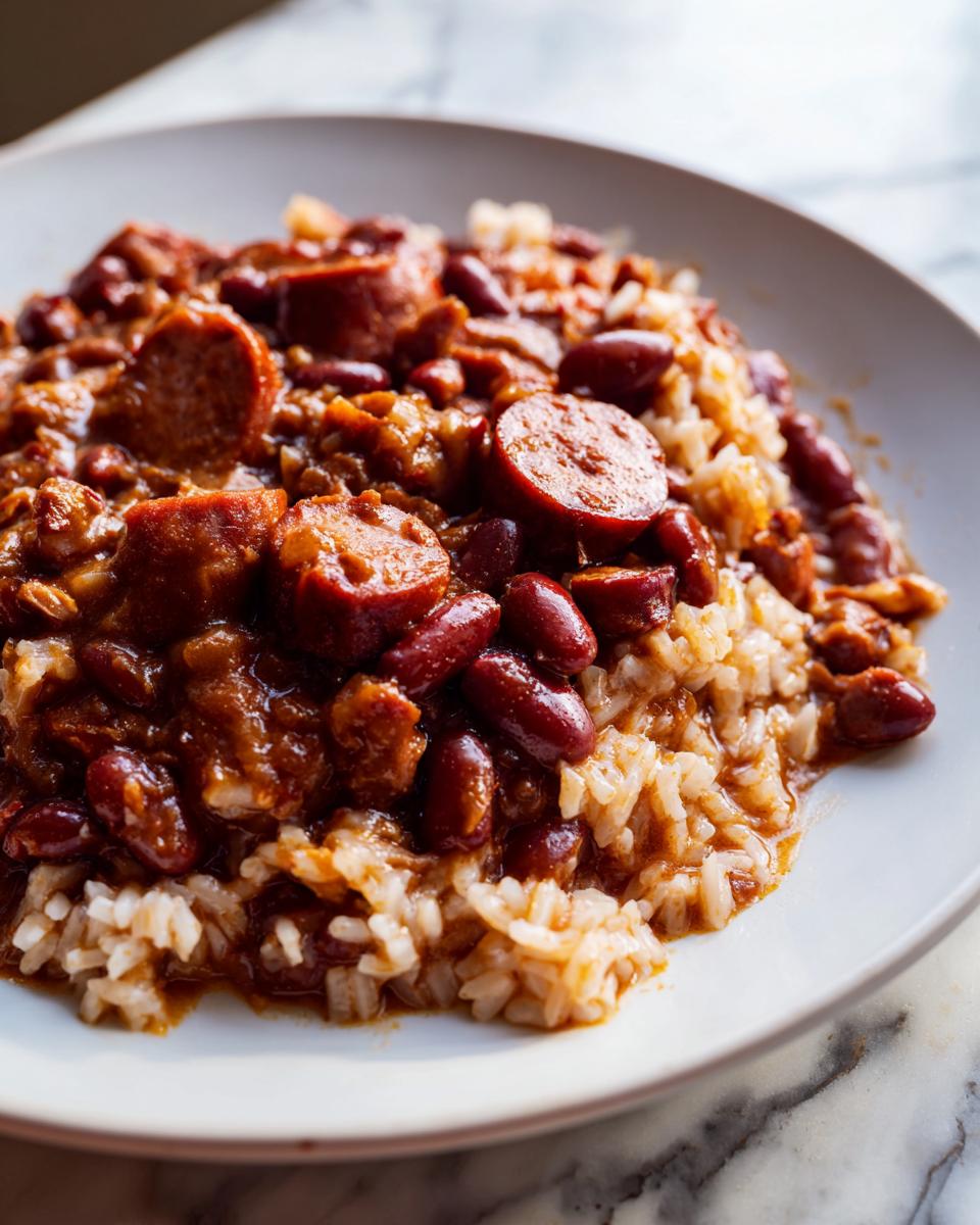 Close-up of a white plate filled with savory slow cooker red beans and rice topped with sliced smoked sausage.