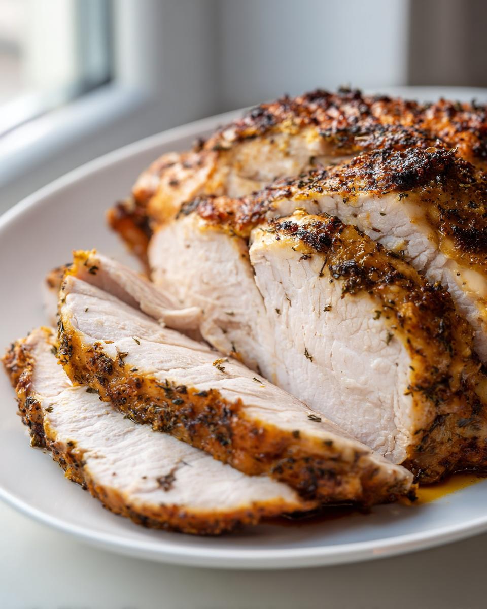 Close-up of sliced, juicy slow cooker turkey breast with a seasoned, browned crust on a white plate.