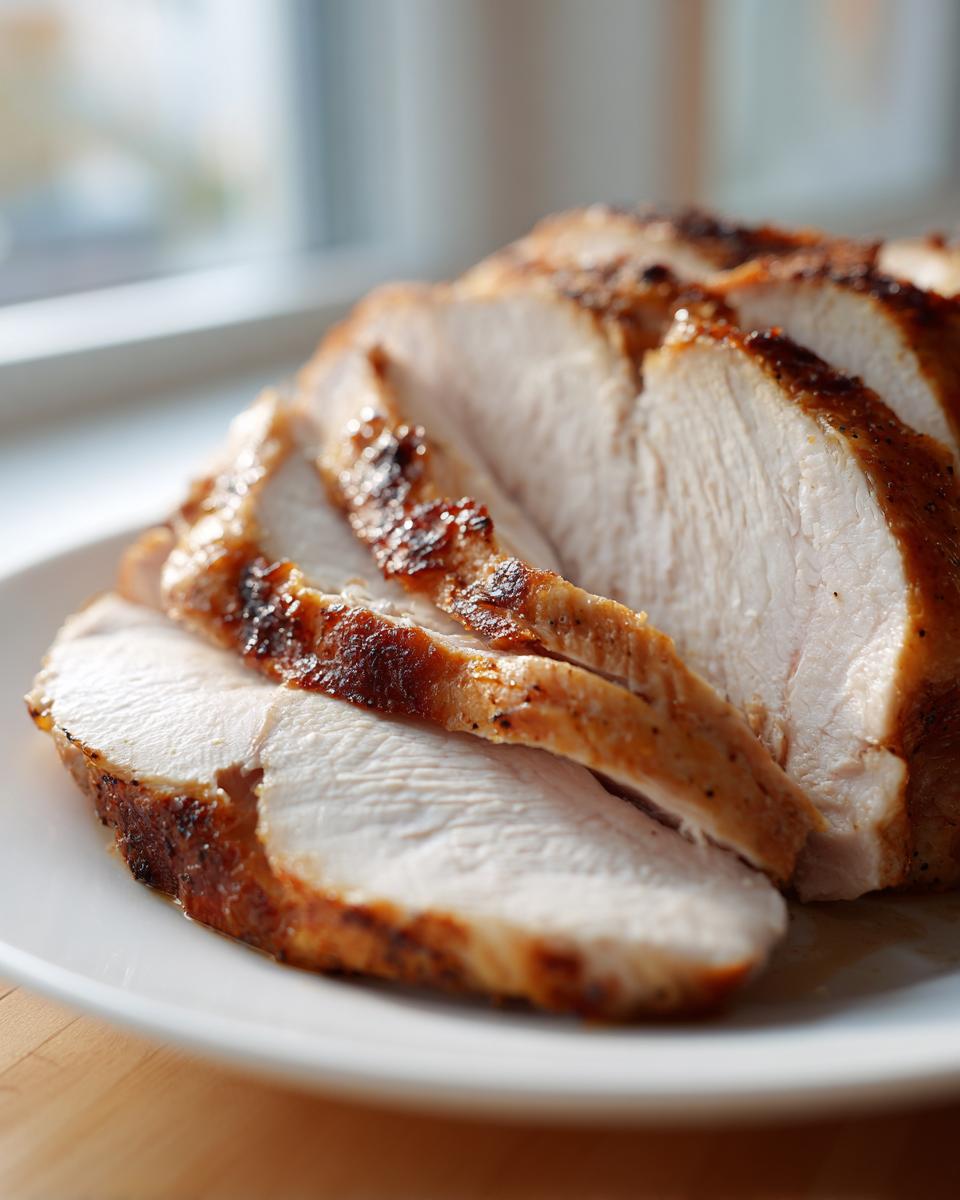 Close-up of several thick, juicy slices of slow cooker turkey breast with a browned, seasoned exterior.