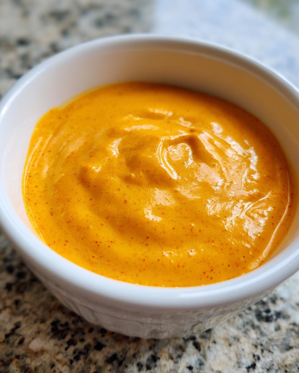 A close-up shot of vibrant, smooth nacho cheese sauce with small red spice flecks in a white dipping bowl.