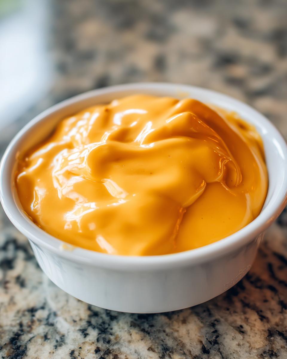 Close-up of smooth, bright orange nacho cheese sauce filling a small white ramekin on a granite counter.