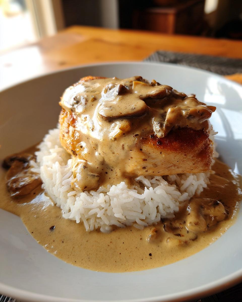 A perfectly cooked piece of smothered chicken and rice topped with a rich mushroom cream sauce.