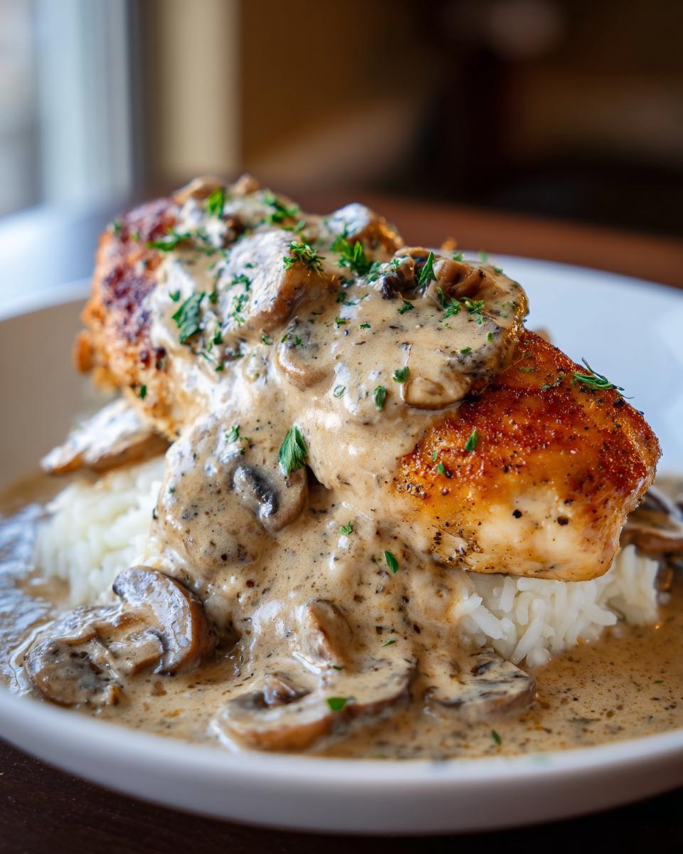 A perfectly seared chicken breast served over white rice, generously covered in creamy mushroom gravy for smothered chicken and rice.