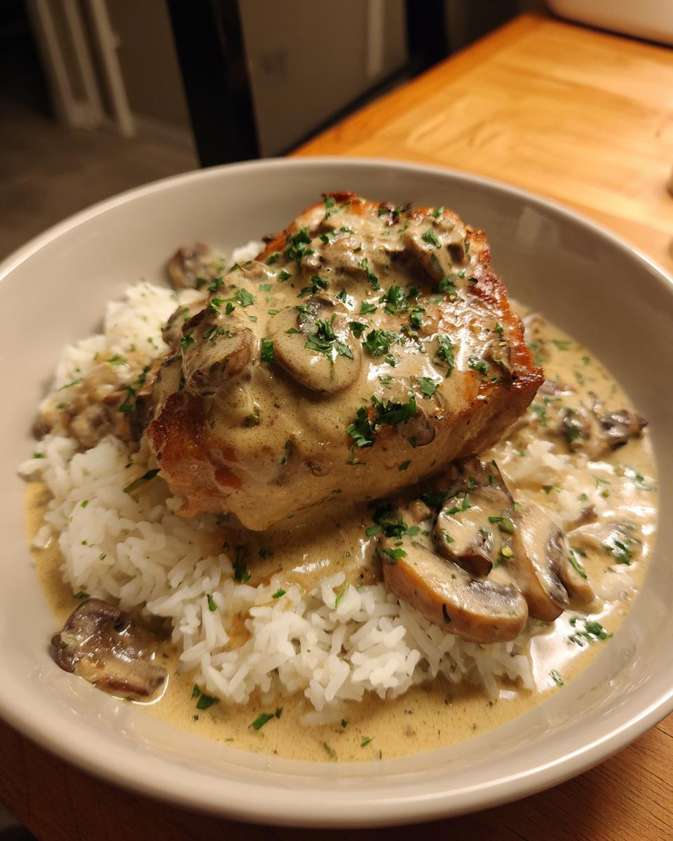 A piece of smothered chicken and rice topped with a rich, creamy mushroom sauce and fresh parsley.