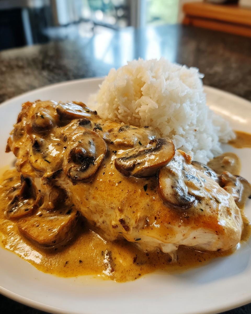A serving of smothered chicken and rice topped with creamy mushroom sauce on a white plate.