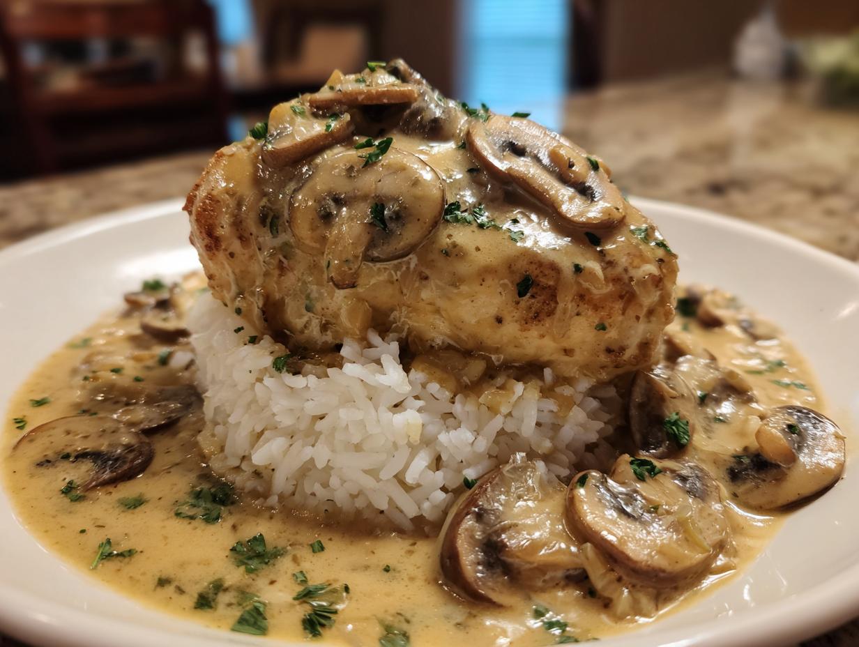 A perfectly cooked piece of smothered chicken and rice topped with creamy mushroom sauce and parsley.