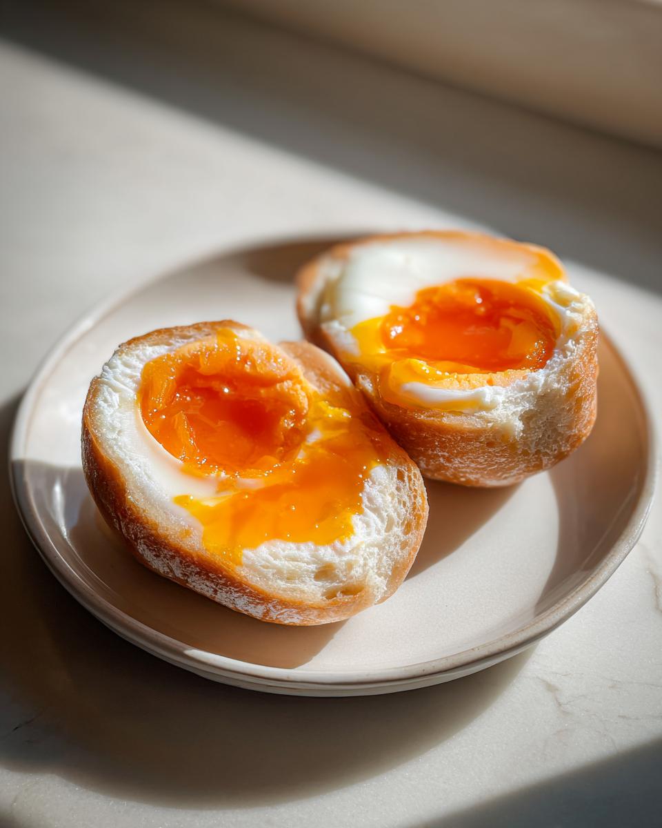 Two halves of a soft-boiled egg served on bread, showing vibrant, runny yolks, perfect for marinated eggs recipes.