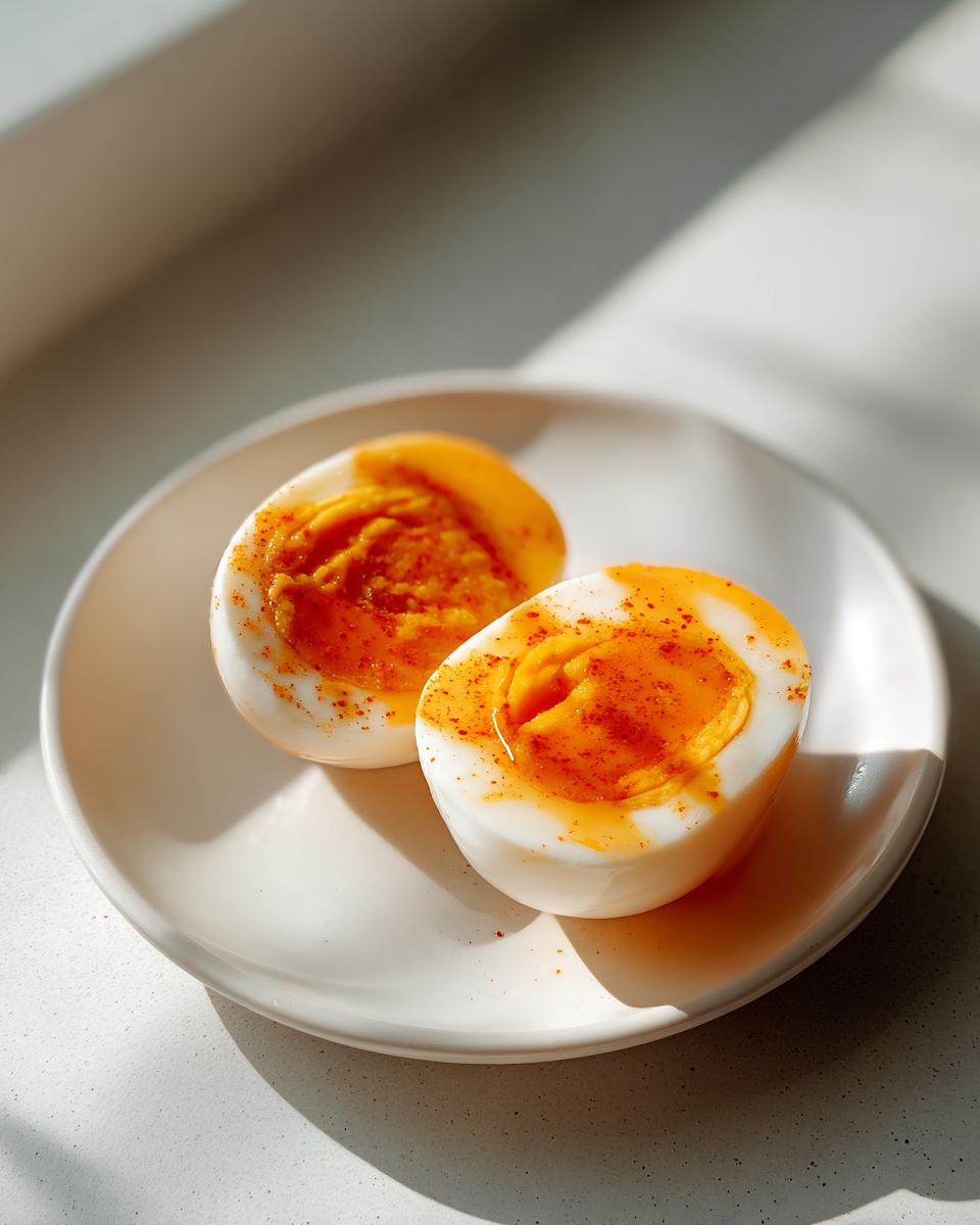 Two halves of soft-boiled marinated eggs with vibrant orange yolks, sprinkled with paprika, on a white plate.