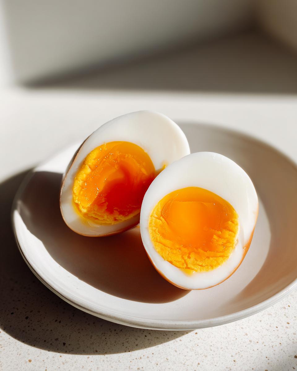 Two halves of soft-boiled eggs showing bright orange, jammy yolks, likely prepared for marinated eggs.