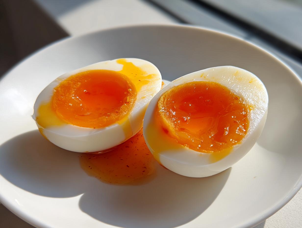 Two halves of soft-boiled marinated eggs showing bright orange, jammy yolks on a white plate.