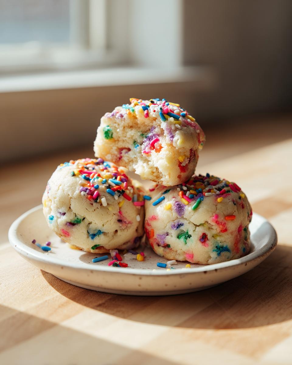 Three soft cake batter cookies, covered in rainbow sprinkles, stacked on a small plate.
