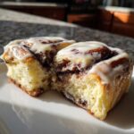 Two halves of a soft, fluffy cinnamon bun, split open to show the swirl and topped with thick white icing.