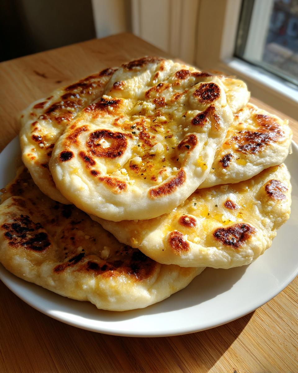 A stack of freshly made, soft naan bread brushed with melted butter and garlic, featuring charred spots.