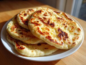 A stack of freshly made, soft naan bread with beautiful golden brown charred spots, resting on a white plate.