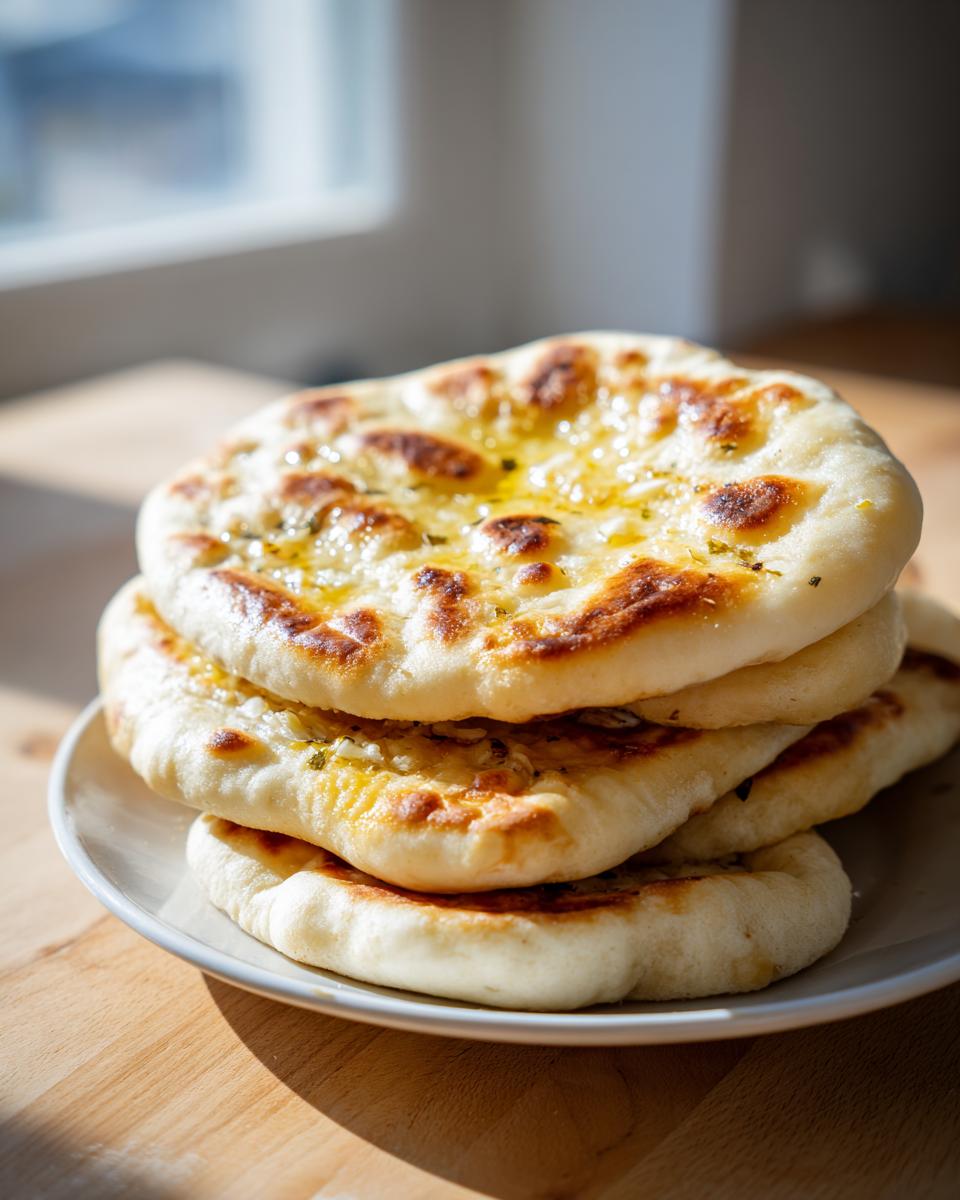A stack of four freshly made, soft naan bread rounds brushed with melted butter, resting on a small white plate.