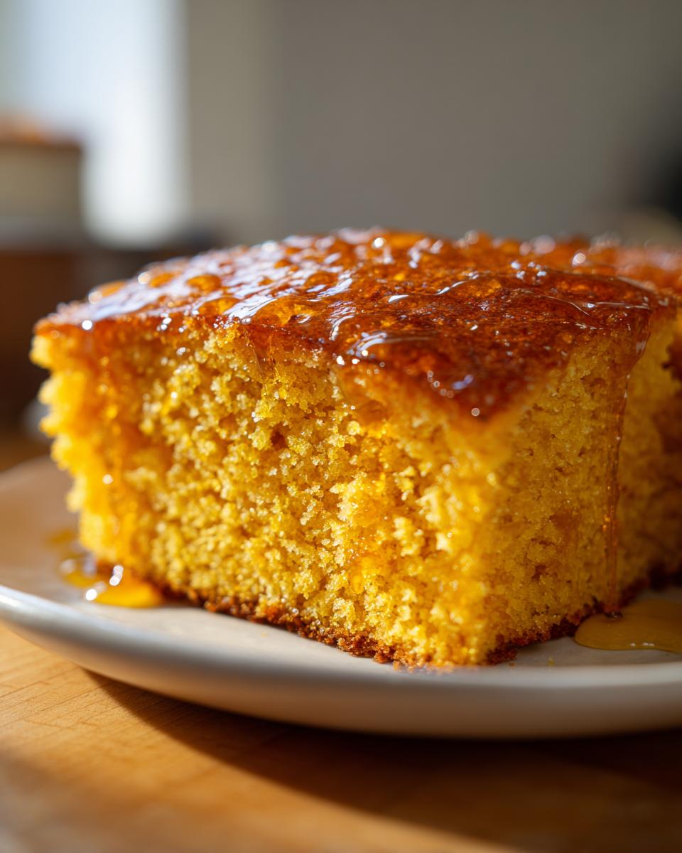 Close-up of a square slice of golden sourdough cornbread topped with glistening honey on a white plate.