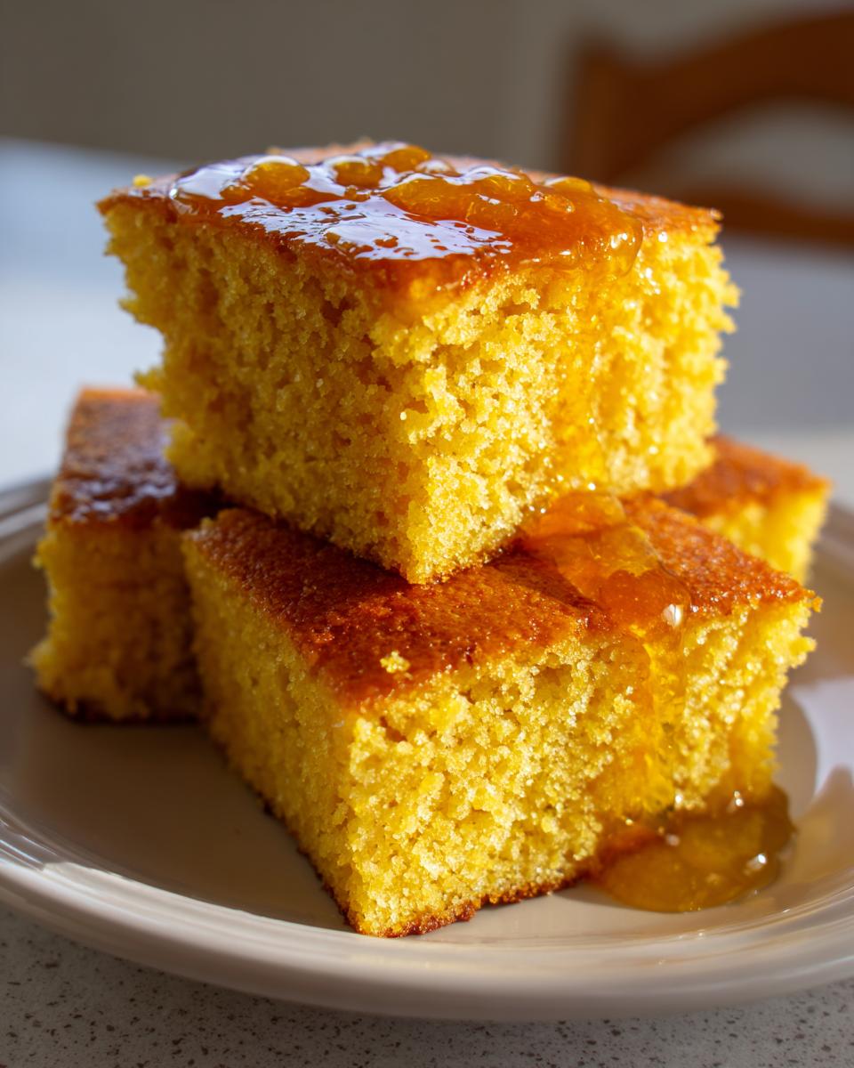 Close-up of stacked, golden yellow sourdough cornbread squares drizzled generously with orange-colored honey or jam.