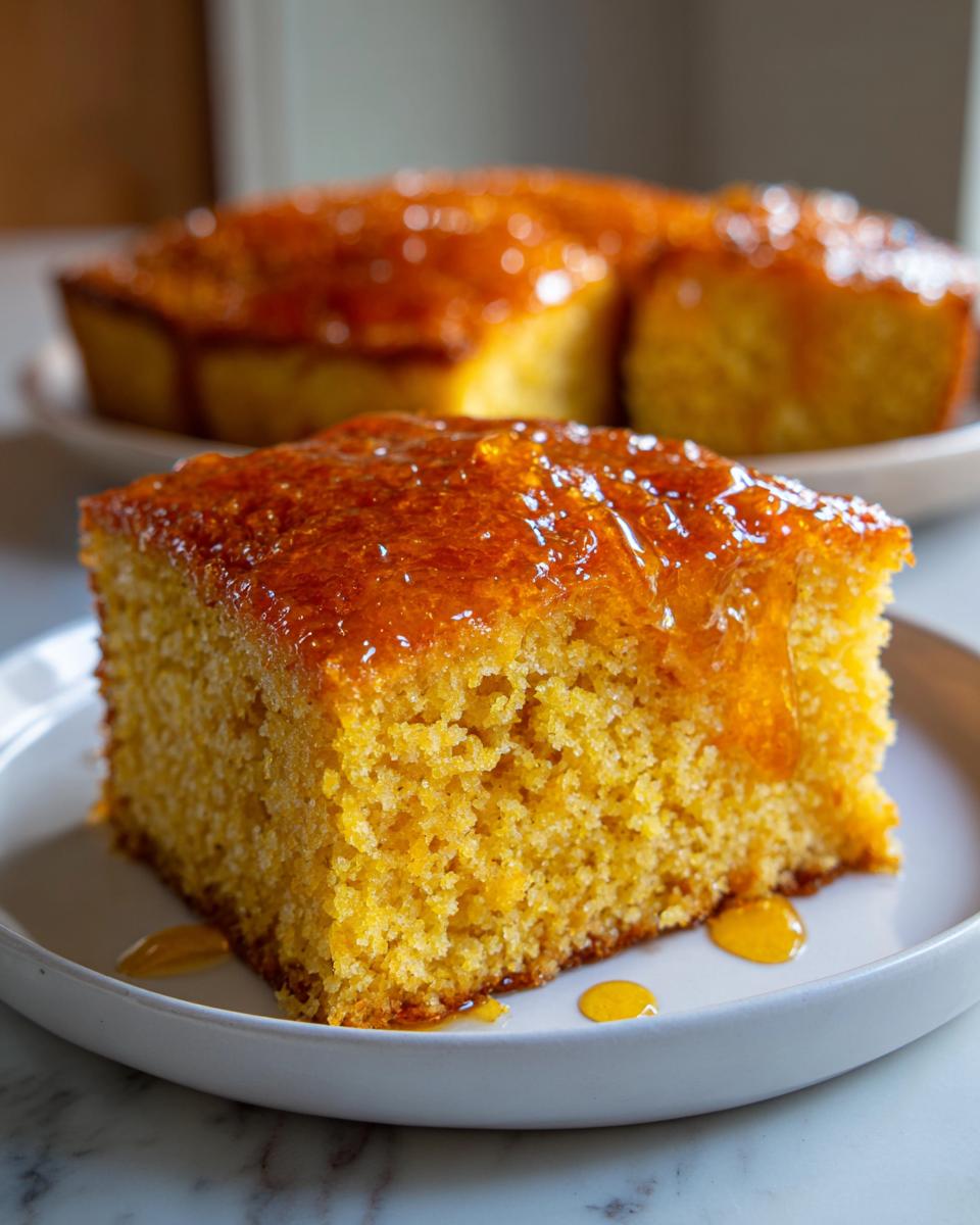 A square slice of moist, golden sourdough cornbread topped with a shiny honey glaze.