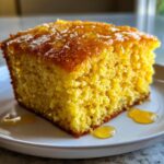 A close-up of a square slice of yellow sourdough cornbread drizzled with honey on a white plate.