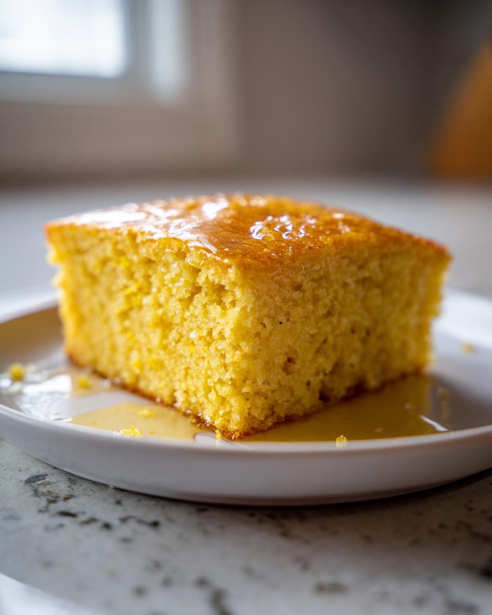 Close-up of a square slice of moist, yellow sourdough cornbread drizzled with honey on a white plate.