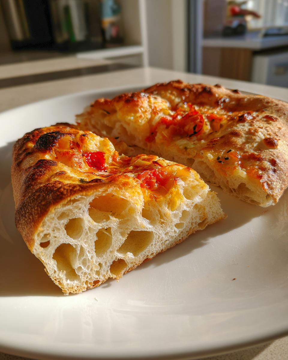 Close-up of the airy, open crumb structure of pizza made with sourdough discard pizza dough.