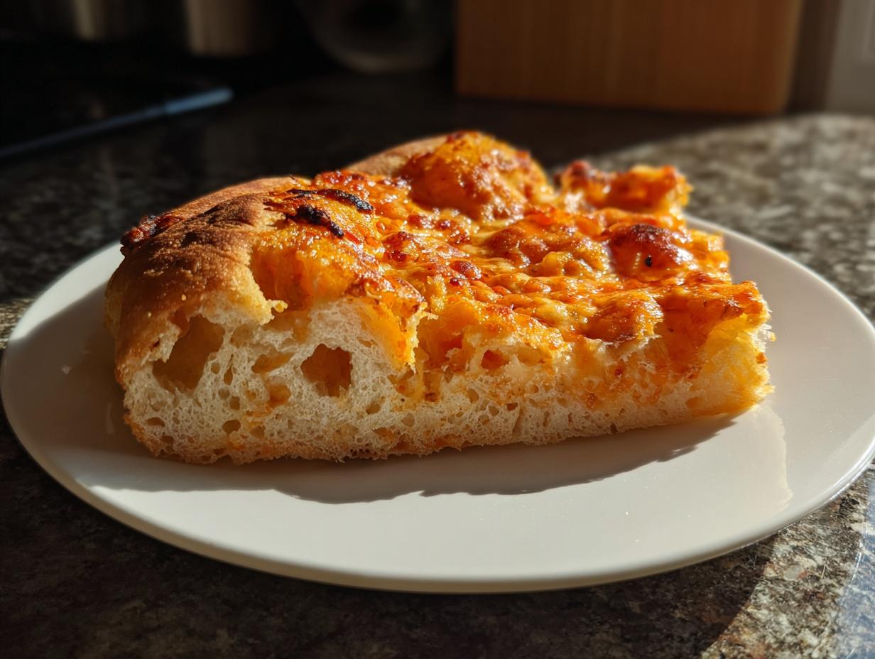 Cross-section of a thick-crust pizza slice made with sourdough discard pizza dough, showing airy crumb and melted cheese.