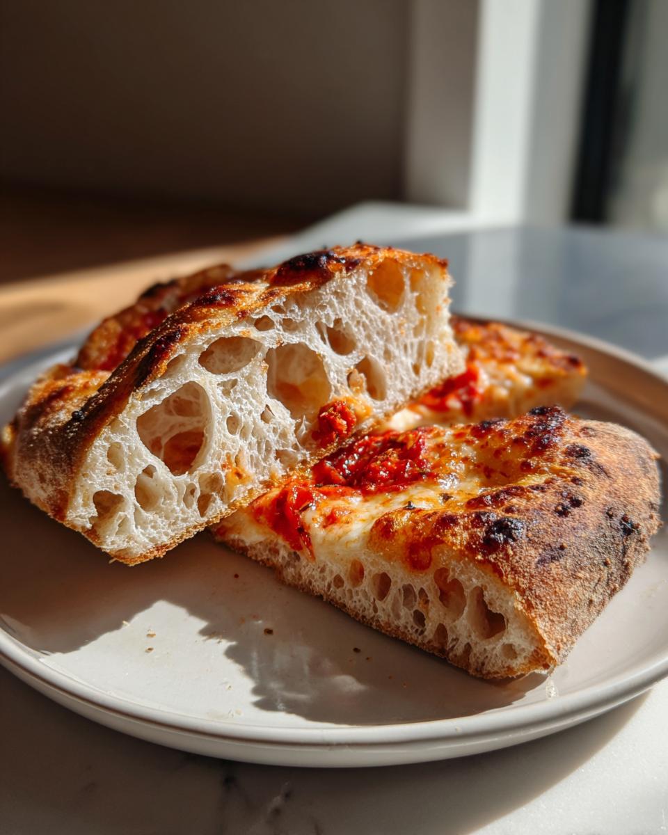 Close-up of thick, airy slices of pizza made with sourdough discard pizza dough, showing large air pockets.