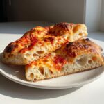 Three thick slices of pizza with a bubbly, open crumb made from sourdough discard pizza dough, topped with sauce and cheese.