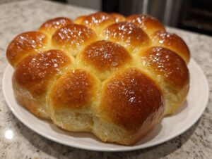 A cluster of golden brown, glossy sourdough discard rolls baked together on a white plate.